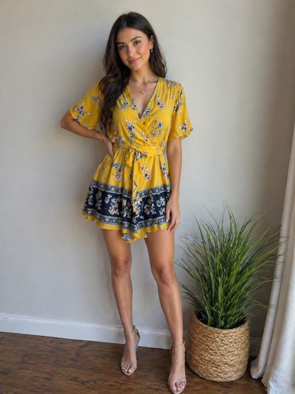 Trixxi Yellow Floral Wrap Mini Dress with Navy Border